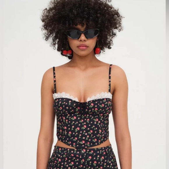 For Love and Lemons Camille Top Black Floral Crop Corset Flowers Roses Frills - Picture 1 of 14